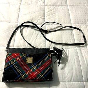 Dooney and Bourke black leather and plaid small crossbody bag